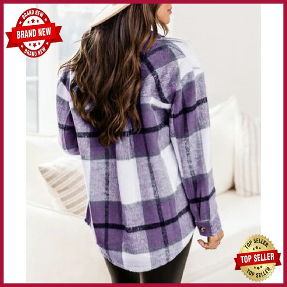 Women's Plaid Shacket Jacket Long Sleeve Button Down Flannel Polyester - Picture 3 of 8